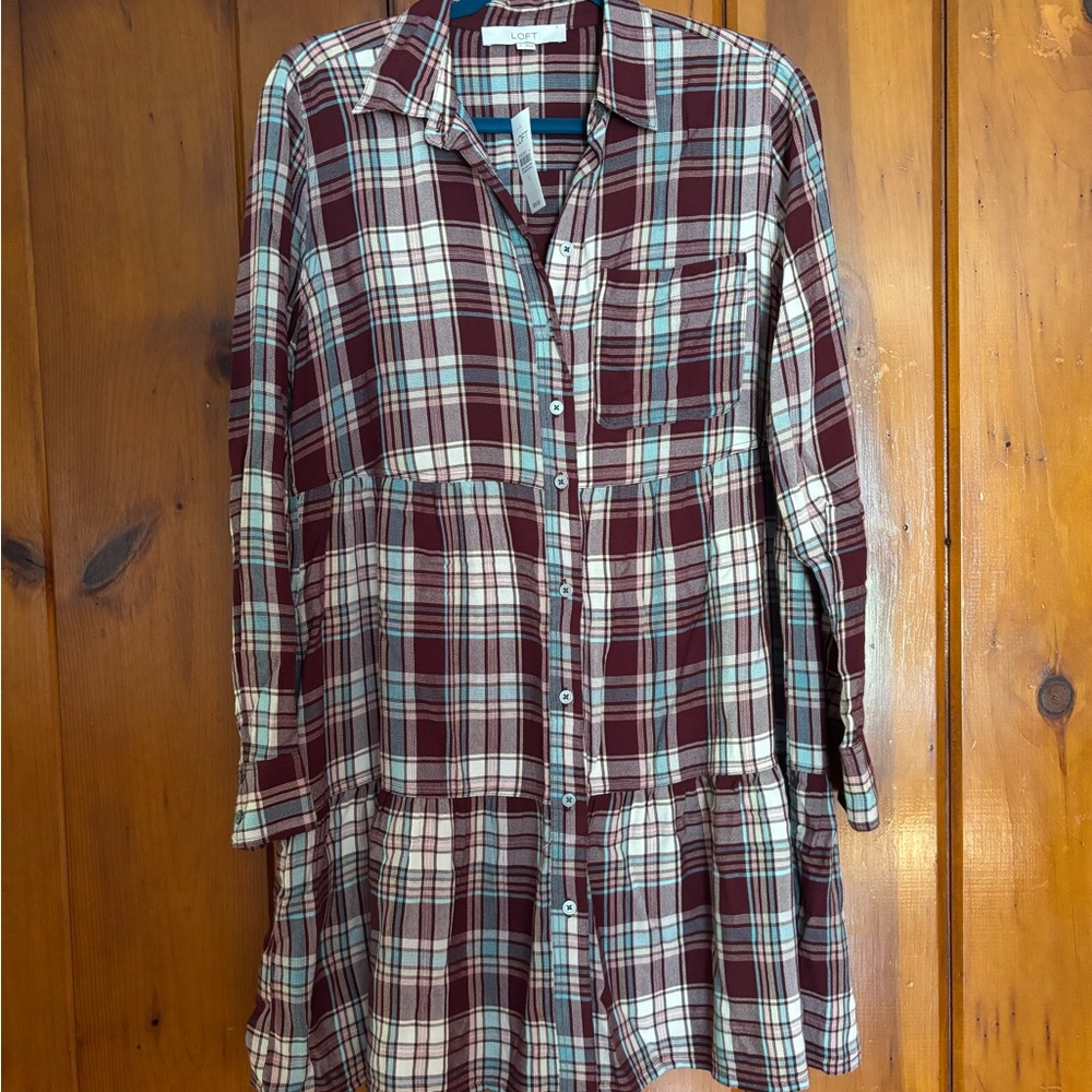 LOFT Plaid Midi Dress - Burgundy and White
